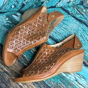 PIKOLINOS Tan Laser-Cut Wedge Sandals